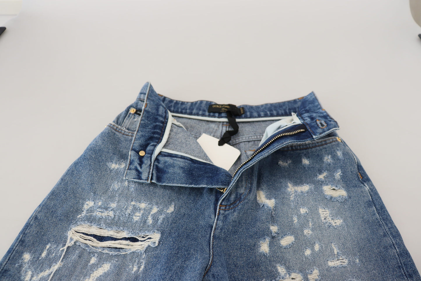 Dolce & Gabbana Blue Washed Cotton Tattered Denim Jeans by Dolce & Gabbana