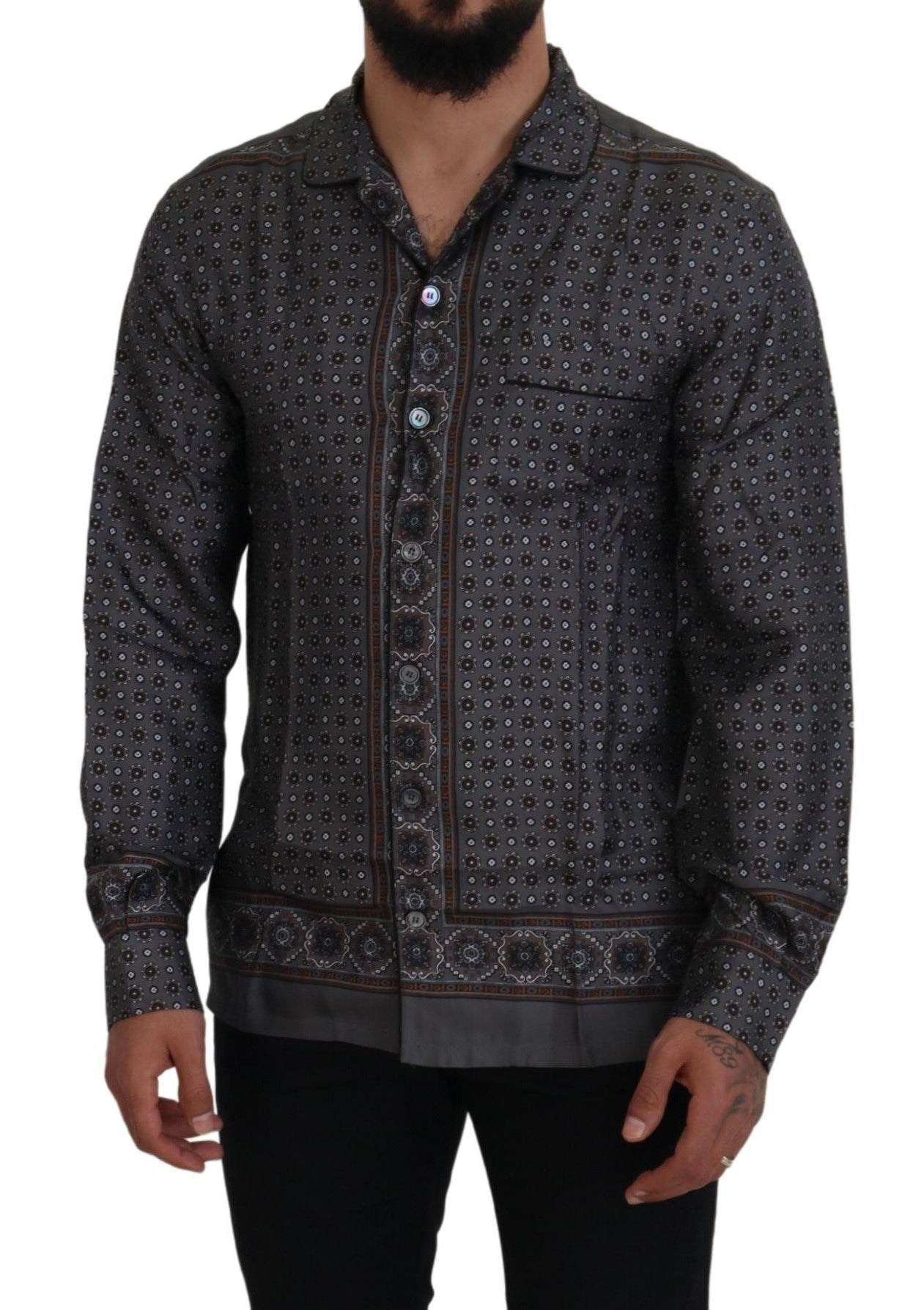 Dolce & Gabbana Gray Baroque Silk Satin Casual Shirt by Dolce & Gabbana