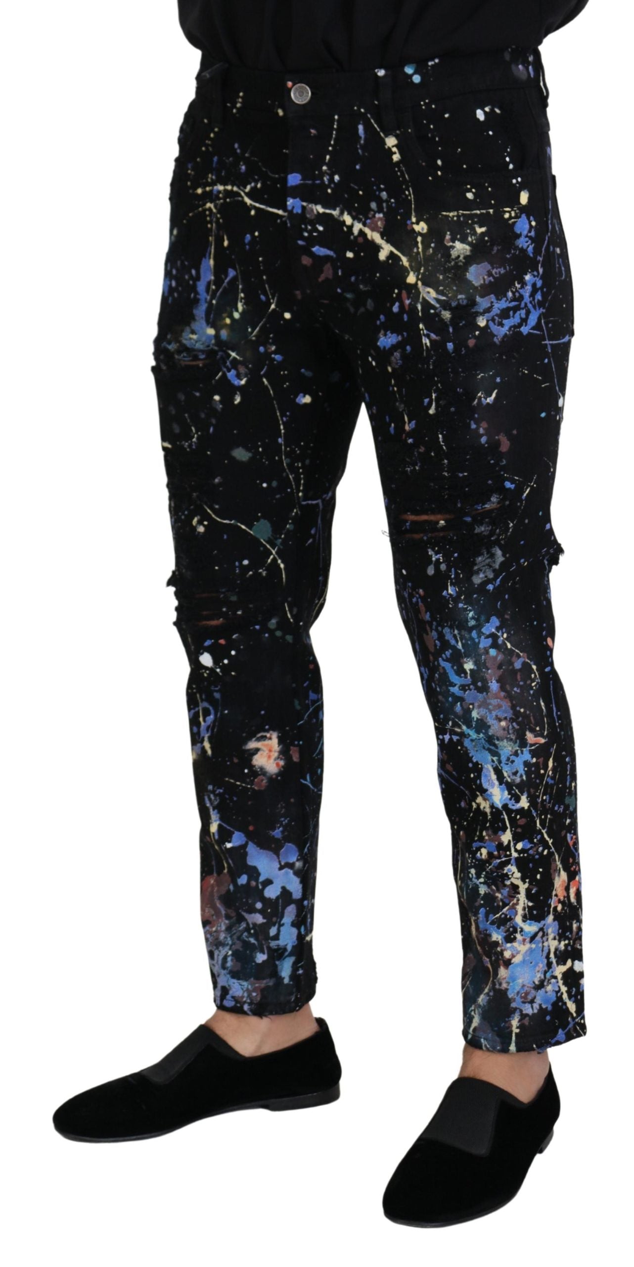 Dolce &amp; Gabbana Black Cotton Color Splash Print Denim Jeans