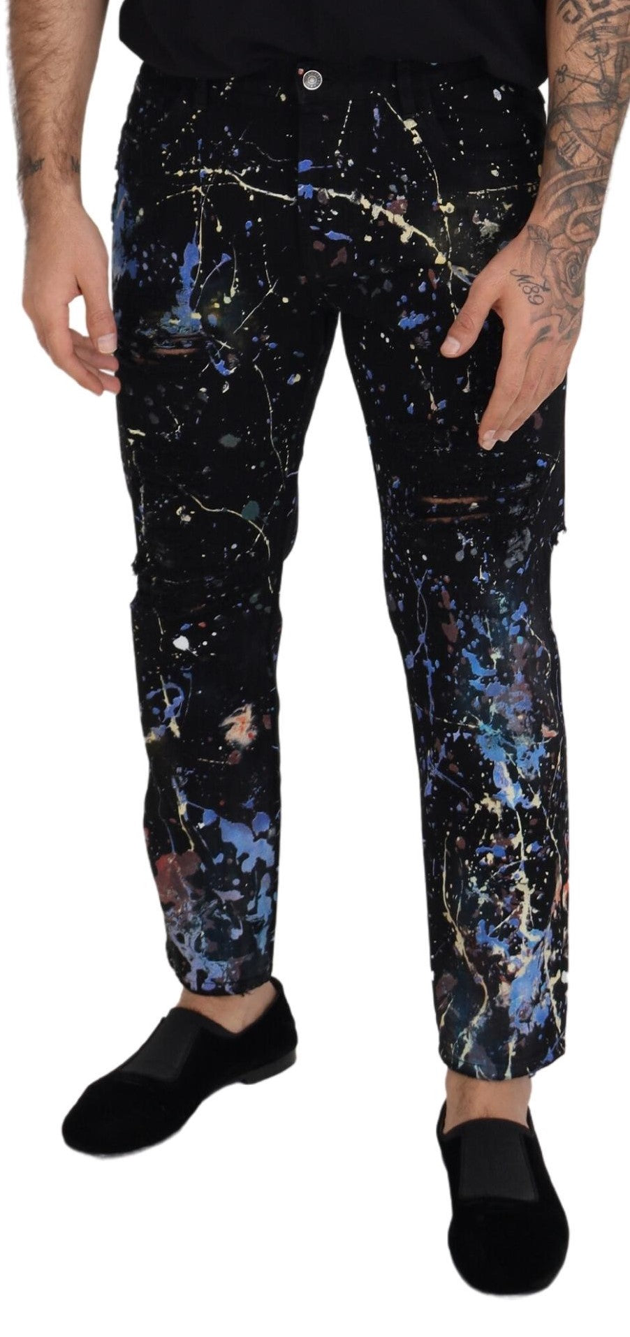 Dolce &amp; Gabbana Black Cotton Color Splash Print Denim Jeans