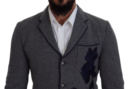 Blazer élégant en laine grise Dolce &amp; Gabbana avec broderie rose bleue