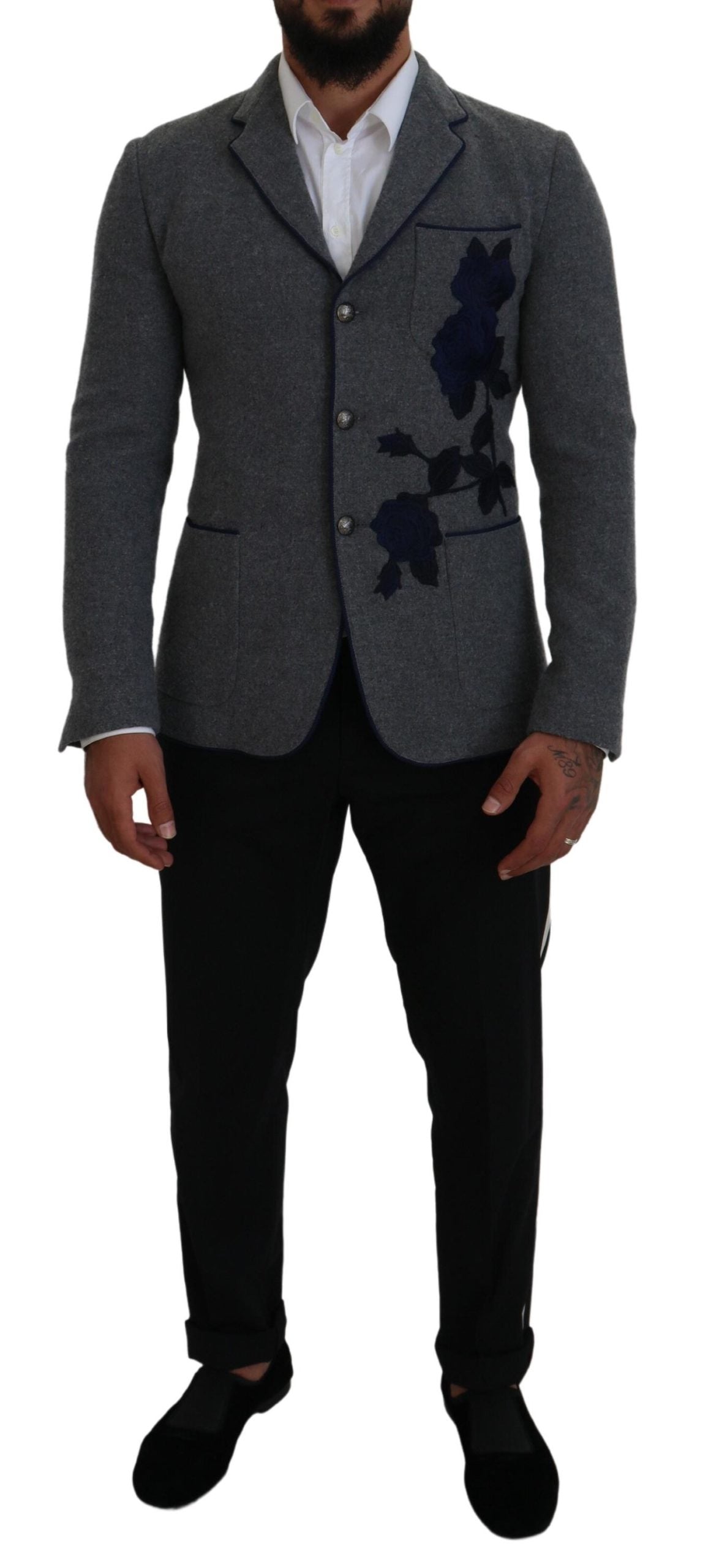 Blazer élégant en laine grise Dolce &amp; Gabbana avec broderie rose bleue