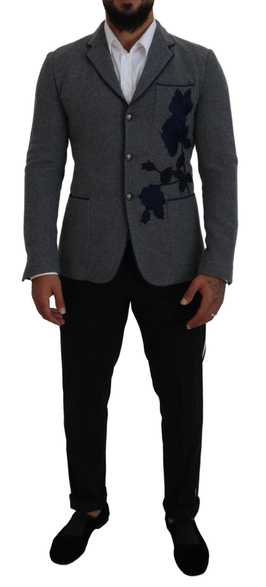 Blazer élégant en laine grise Dolce &amp; Gabbana avec broderie rose bleue