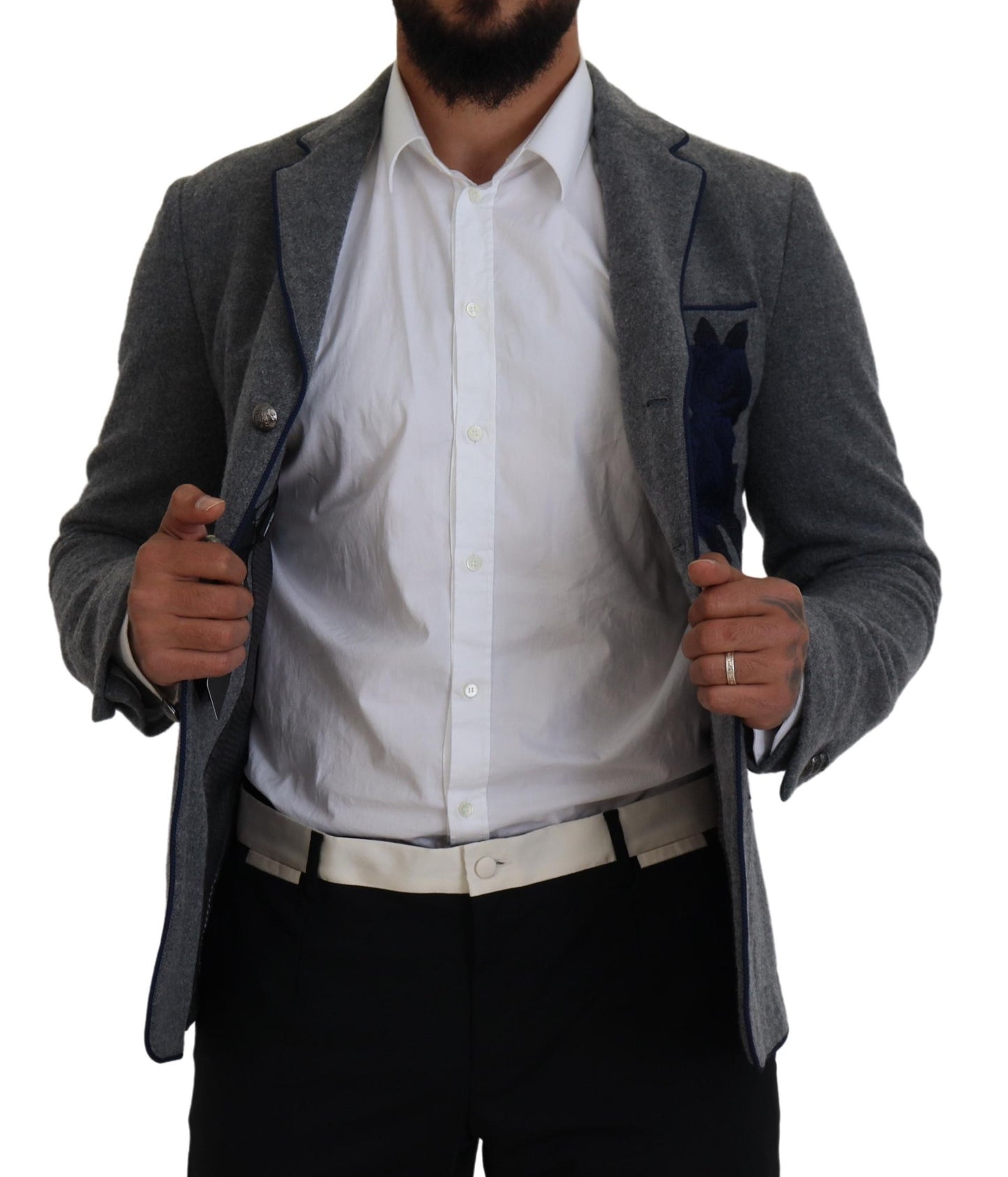 Blazer élégant en laine grise Dolce &amp; Gabbana avec broderie rose bleue