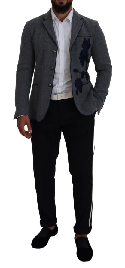 Blazer élégant en laine grise Dolce &amp; Gabbana avec broderie rose bleue