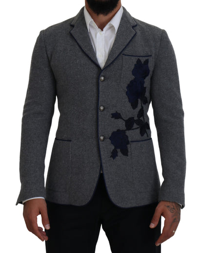 Blazer élégant en laine grise Dolce &amp; Gabbana avec broderie rose bleue