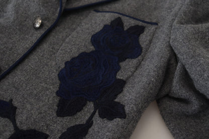 Blazer élégant en laine grise Dolce &amp; Gabbana avec broderie rose bleue