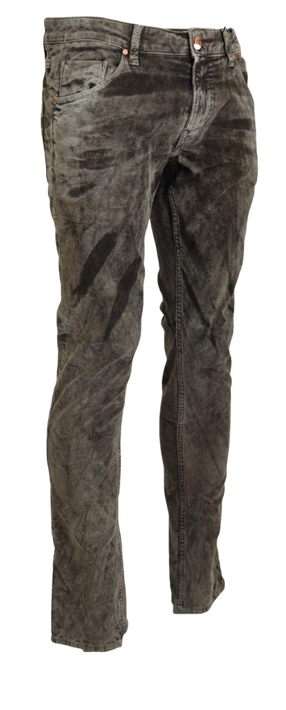 Eight Gray Washed Cotton Corduroy Slim Fit Men Jeans