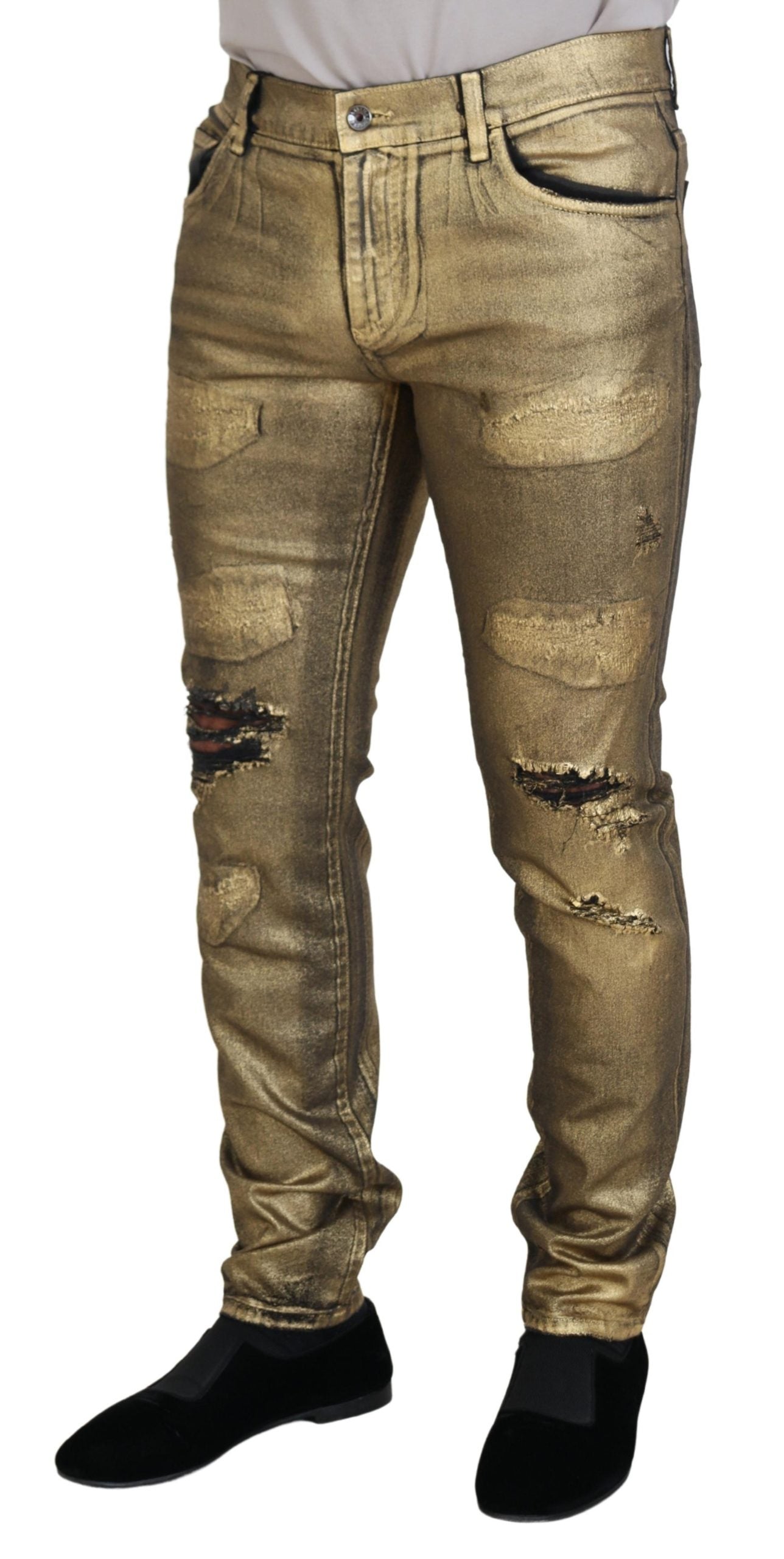 Dolce &amp; Gabbana Gold Cotton Tattered Skinny Men Denim Jeans