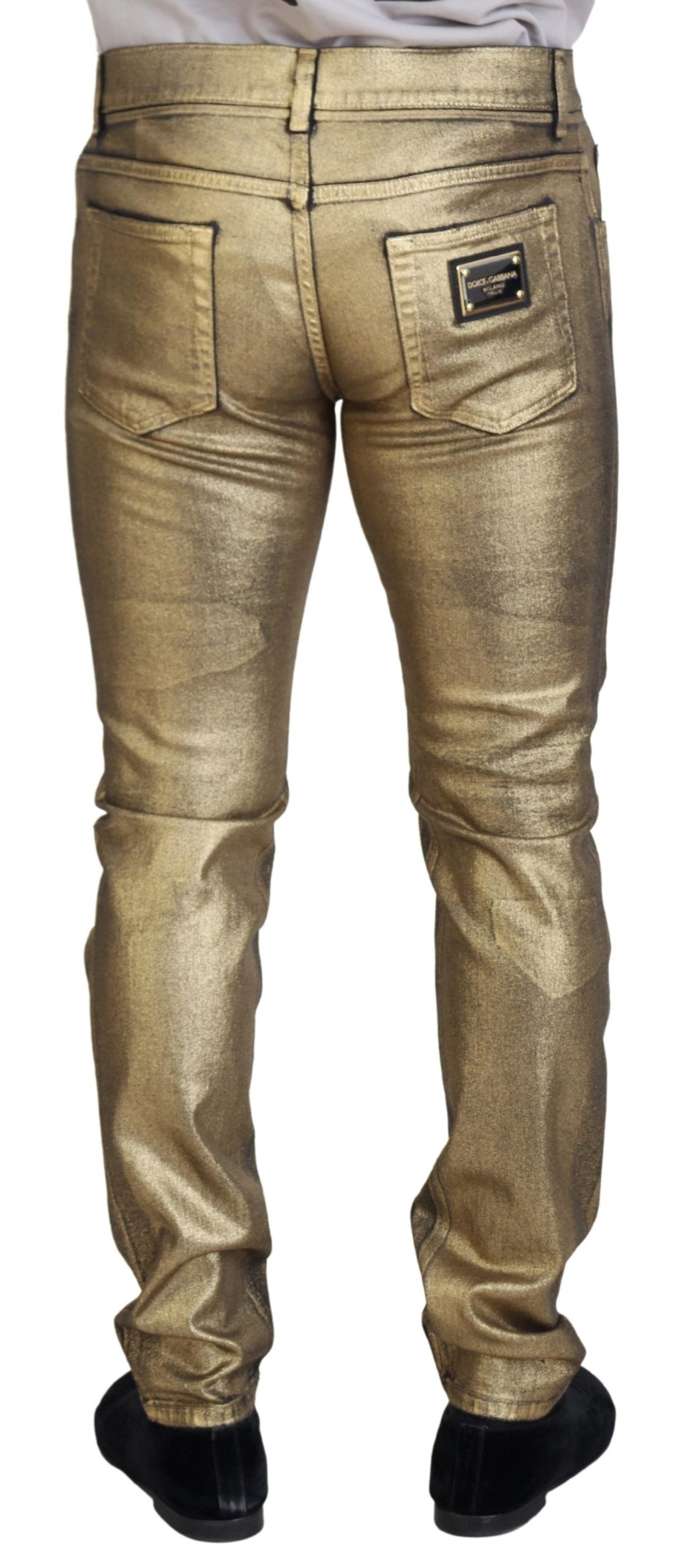 Dolce &amp; Gabbana Gold Cotton Tattered Skinny Men Denim Jeans