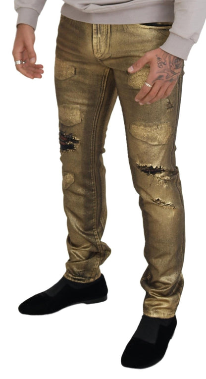 Dolce &amp; Gabbana Gold Cotton Tattered Skinny Men Denim Jeans