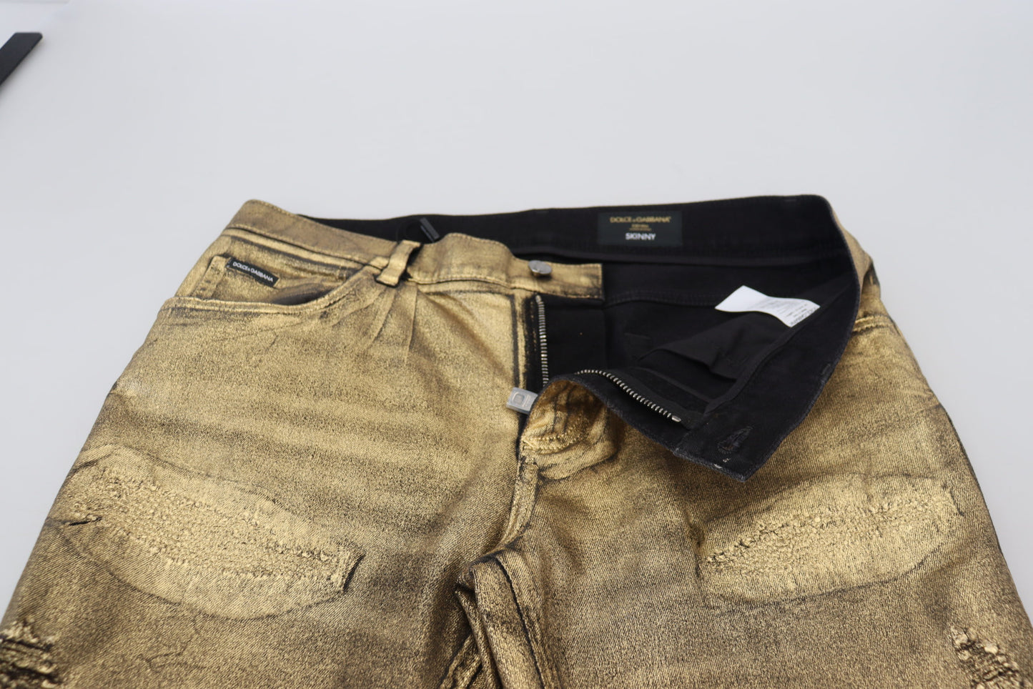 Dolce &amp; Gabbana Gold Cotton Tattered Skinny Men Denim Jeans