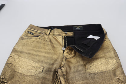 Dolce &amp; Gabbana Gold Cotton Tattered Skinny Men Denim Jeans