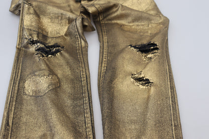 Dolce &amp; Gabbana Gold Cotton Tattered Skinny Men Denim Jeans