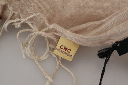 Costume National Beige Cotton Shawl Foulard Fringe Scarf by Costume National