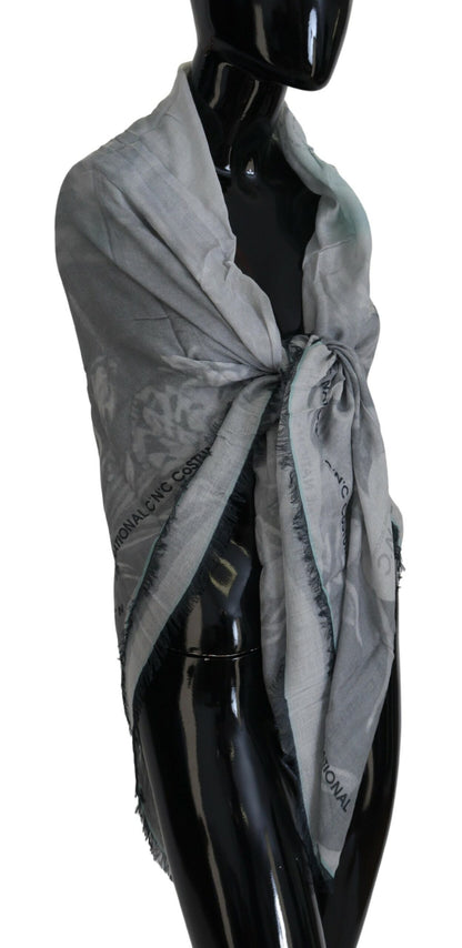 Costume National Gray Print Shawl Foulard Fringes Scarf by Costume National