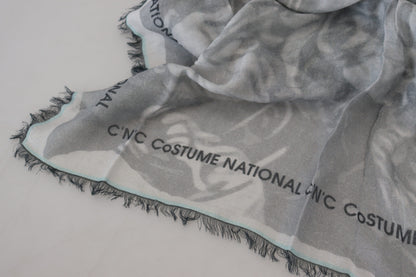 Costume National Gray Print Shawl Foulard Fringes Scarf by Costume National