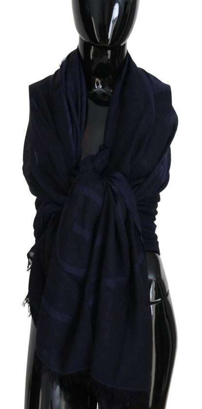 GF Ferre Dark Blue Wool Neck Wrap Shawl Fringes Scarf by GF Ferre