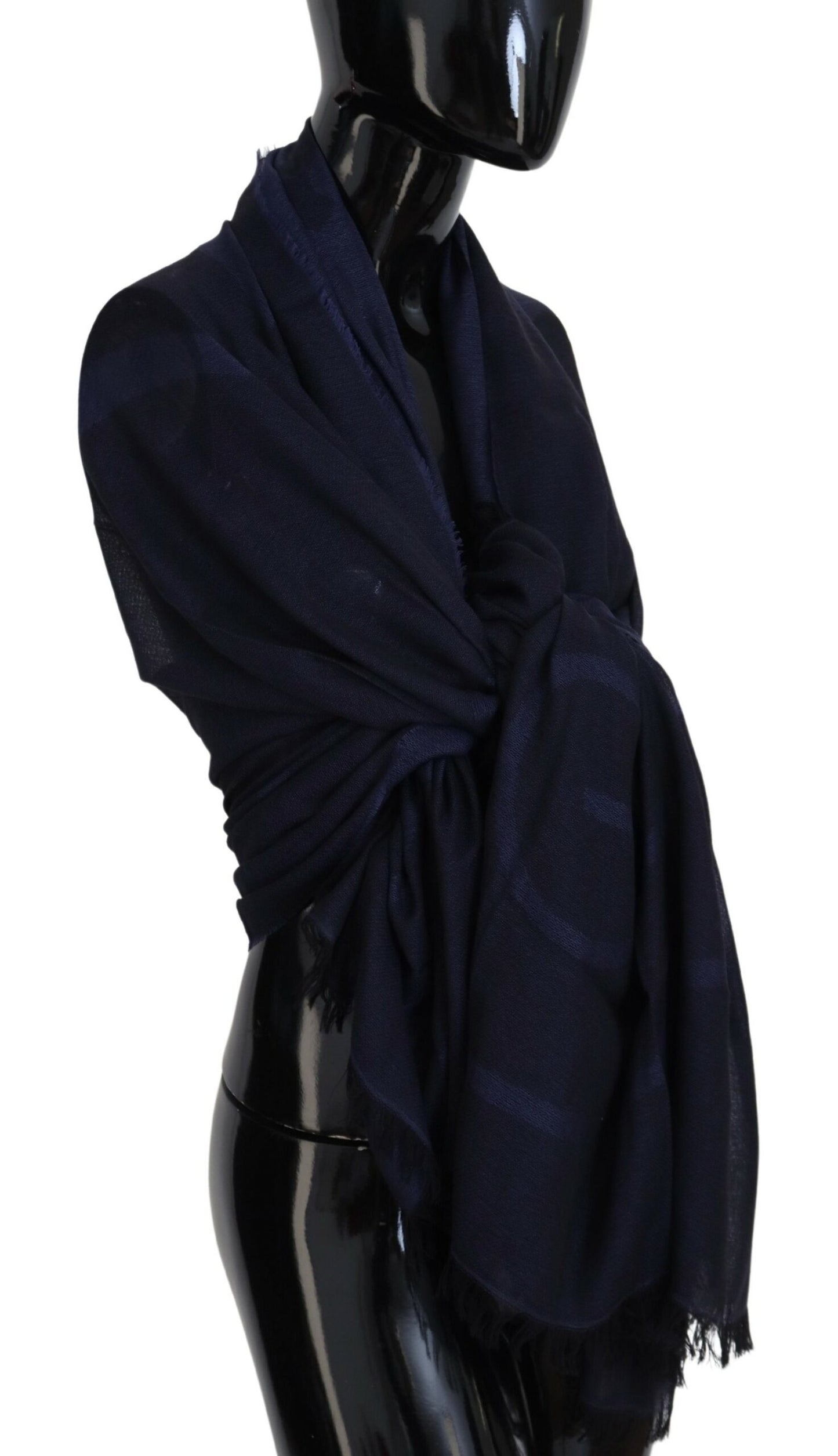 GF Ferre Dark Blue Wool Neck Wrap Shawl Fringes Scarf by GF Ferre