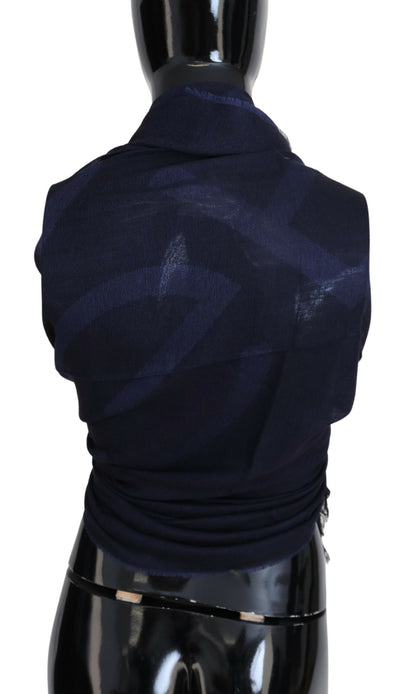 GF Ferre Dark Blue Wool Neck Wrap Shawl Fringes Scarf by GF Ferre