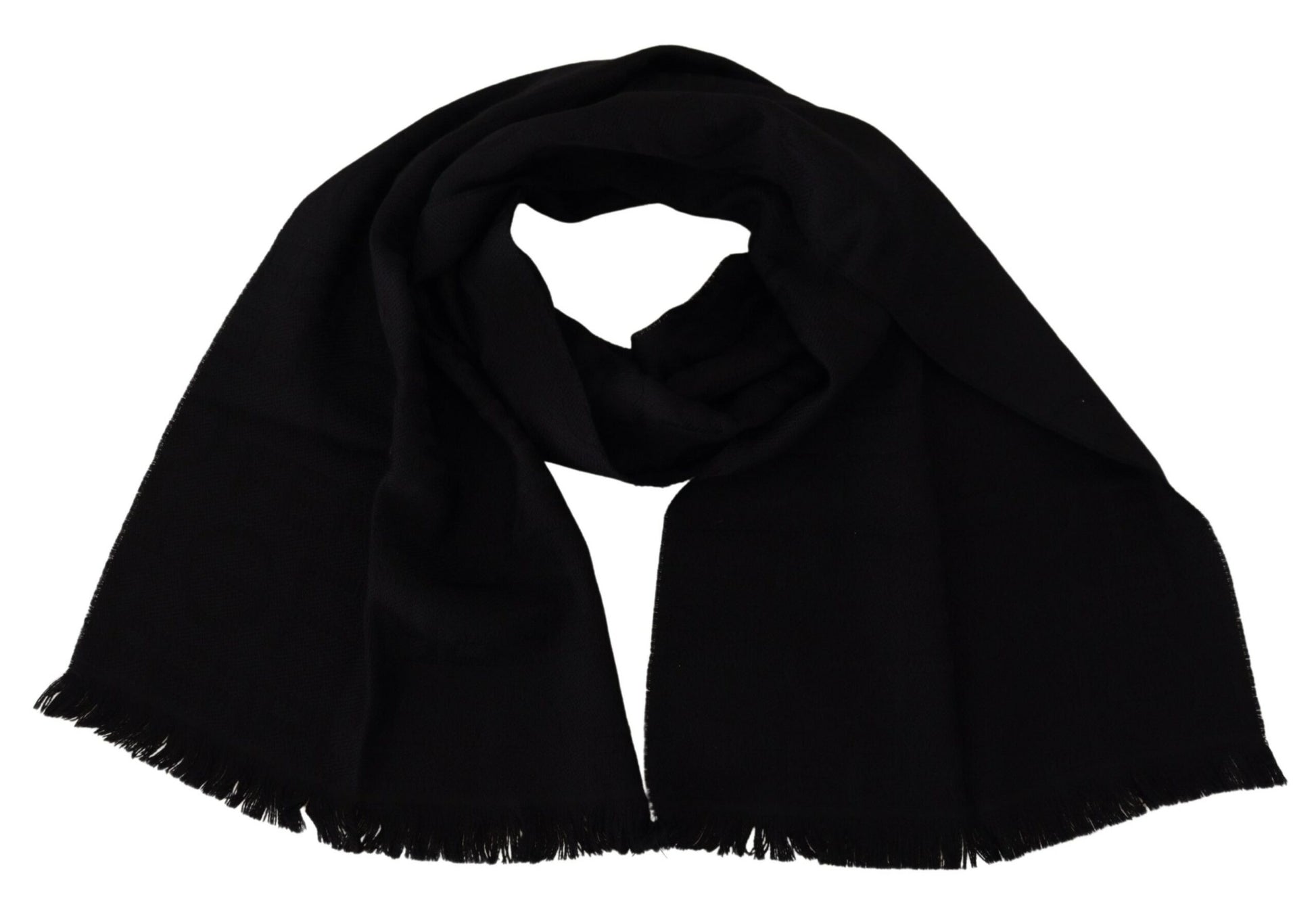GF Ferre Black Wool Neck Wrap Shawl Fringes Scarf by GF Ferre