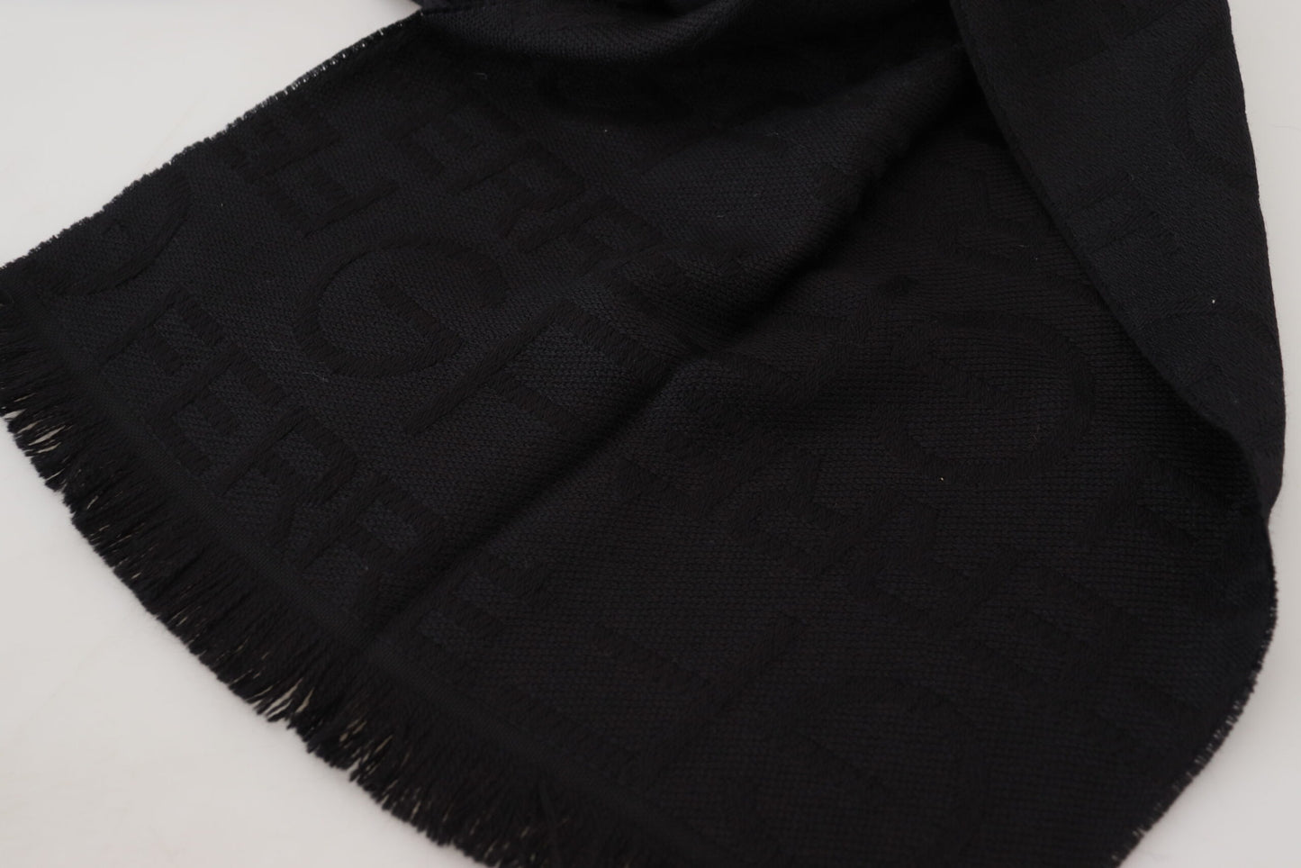 GF Ferre Black Wool Neck Wrap Shawl Fringes Scarf by GF Ferre