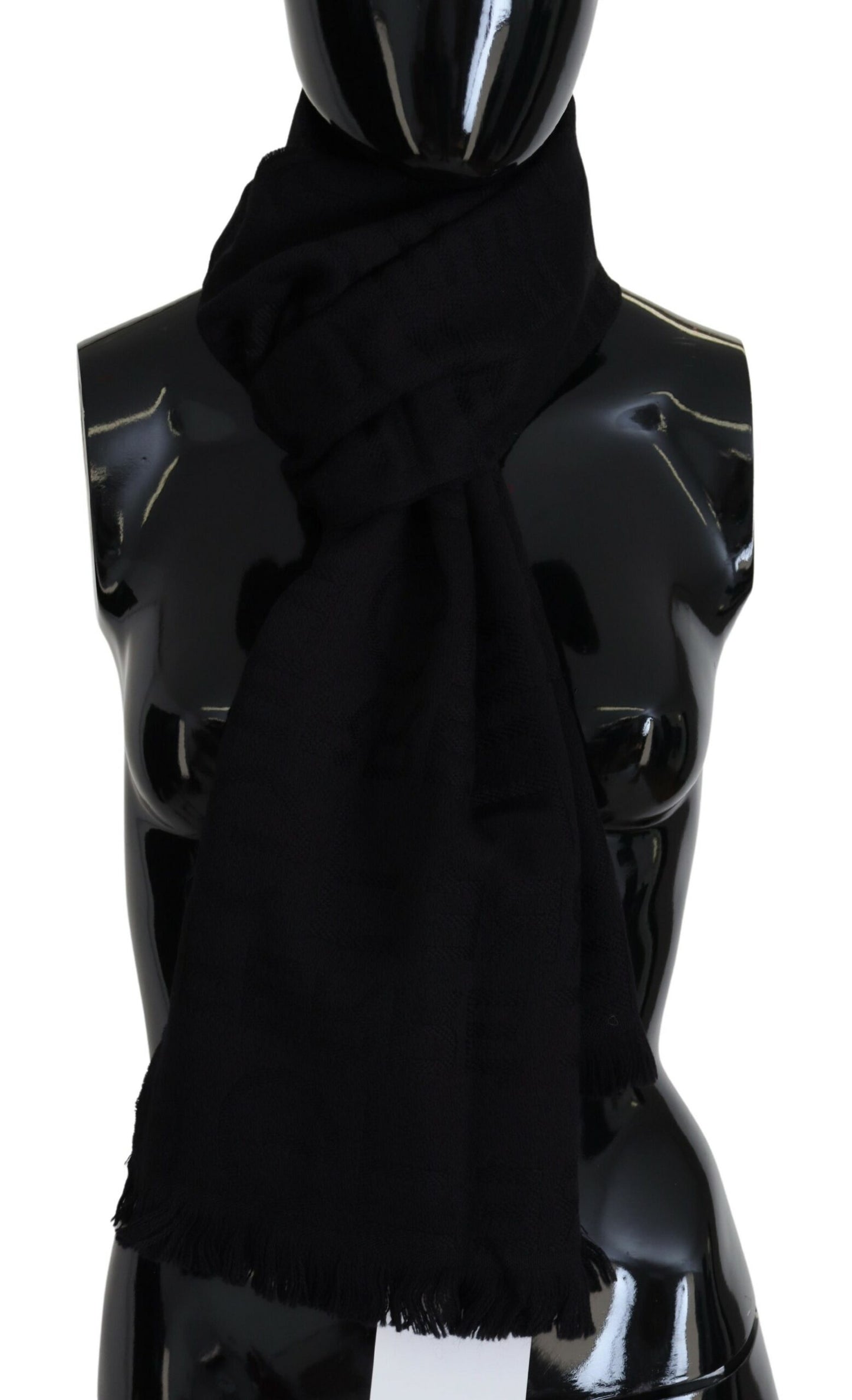 GF Ferre Black Wool Neck Wrap Shawl Fringes Scarf by GF Ferre