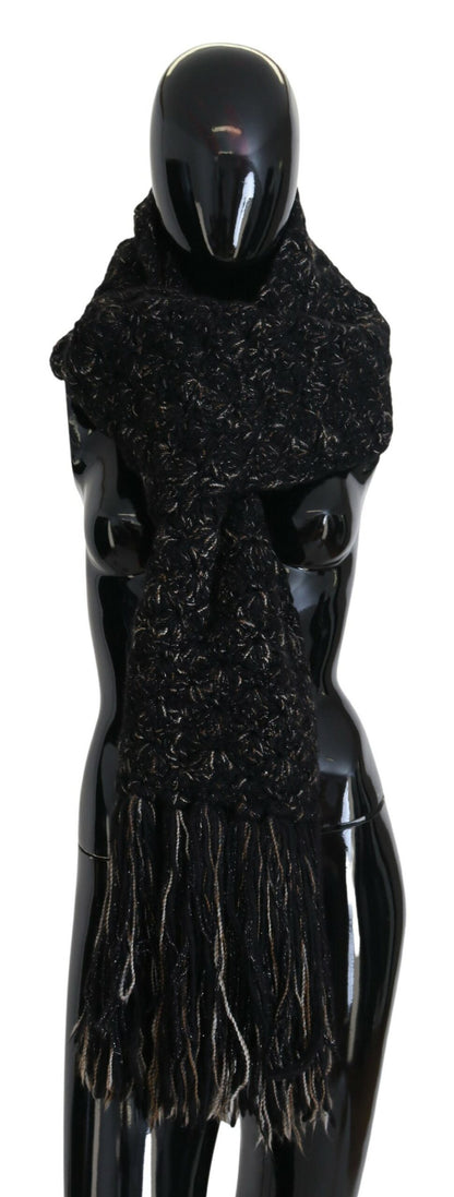Dolce & Gabbana Black Wool Knitted Wrap Foulard Fringe Scarf by Dolce & Gabbana