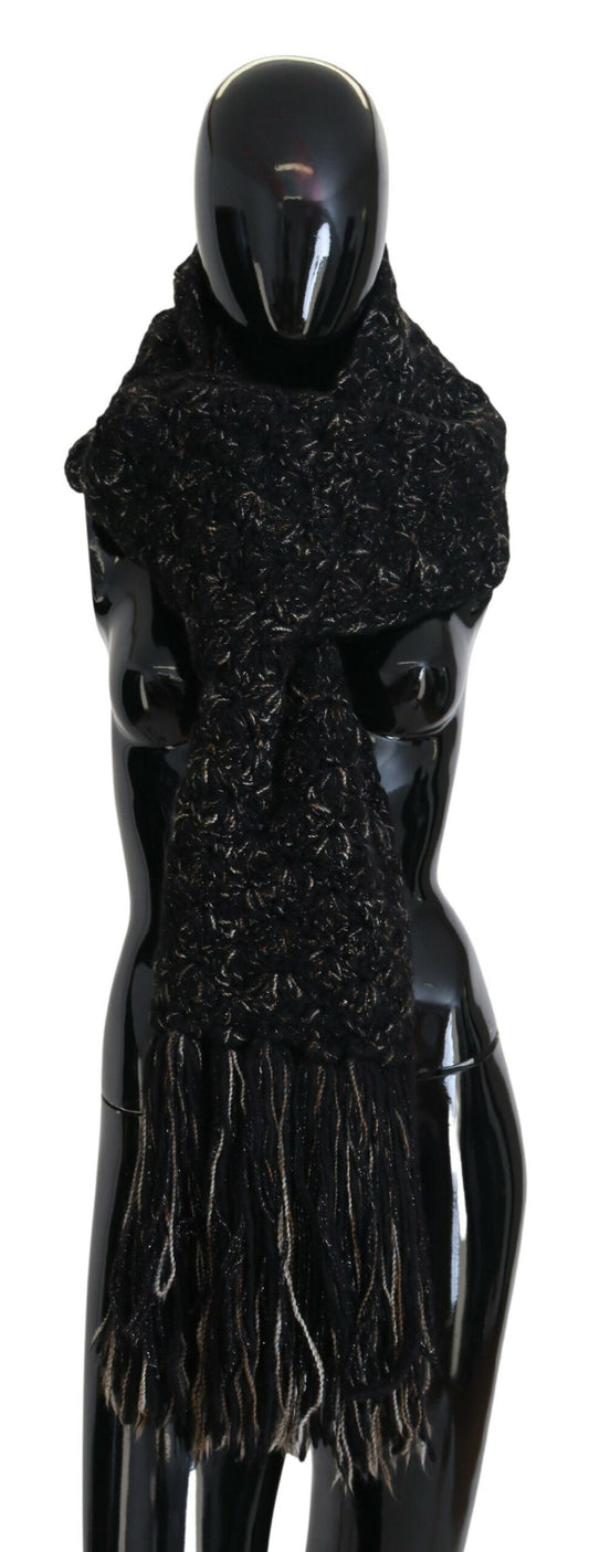 Dolce & Gabbana Black Wool Knitted Wrap Foulard Fringe Scarf by Dolce & Gabbana