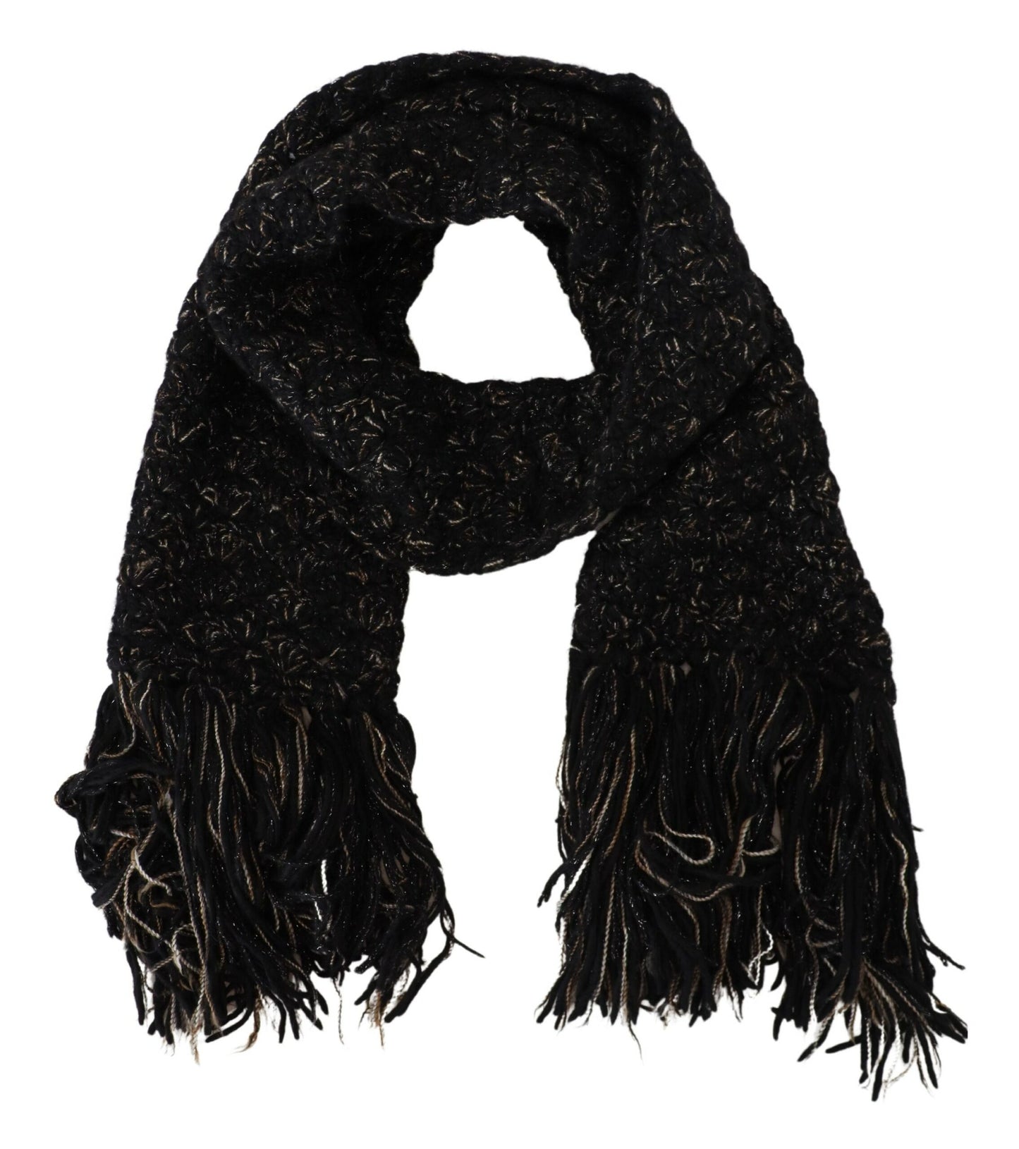 Dolce & Gabbana Black Wool Knitted Wrap Foulard Fringe Scarf by Dolce & Gabbana