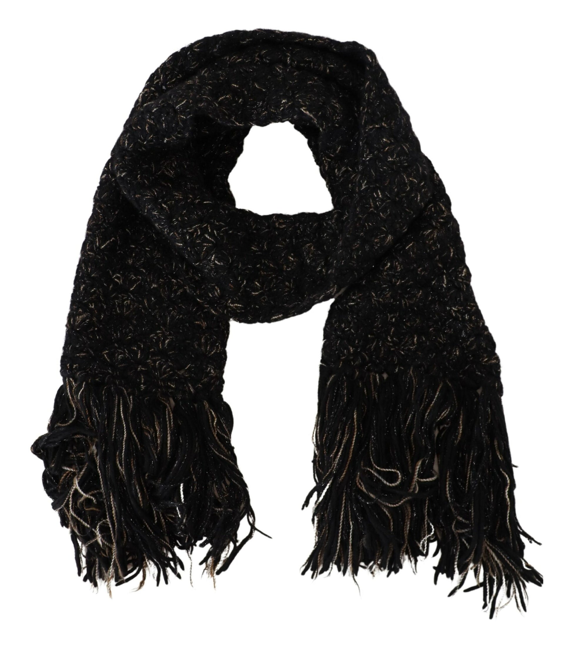 Dolce & Gabbana Black Wool Knitted Wrap Foulard Fringe Scarf by Dolce & Gabbana