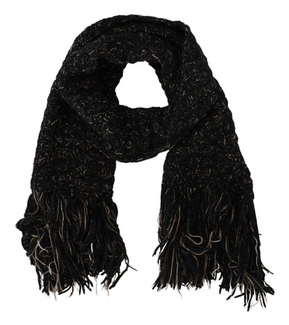 Dolce & Gabbana Black Wool Knitted Wrap Foulard Fringe Scarf by Dolce & Gabbana