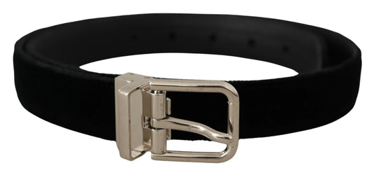 Dolce &amp; Gabbana Black Velvet Silver Tone Metal Logo Buckle Belt