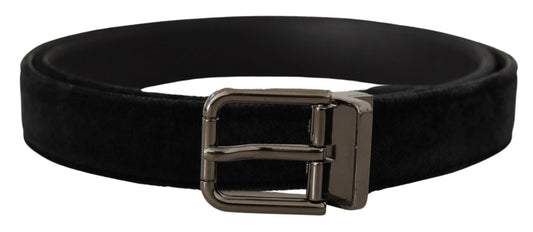 Dolce &amp; Gabbana Black Velvet Silver Tone Logo Metal Buckle Belt