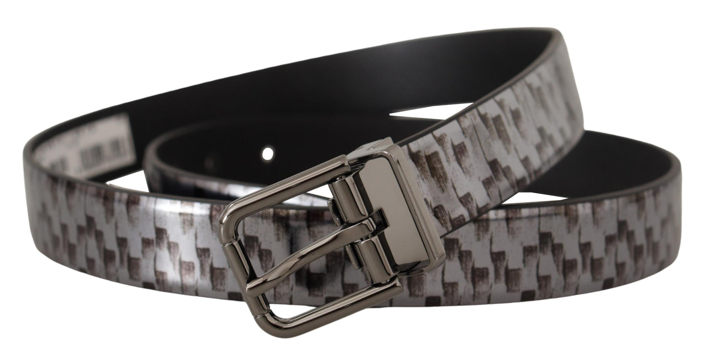 Dolce &amp; Gabbana Gray Herringbone Leather Gray 3D Metal Buckle Belt