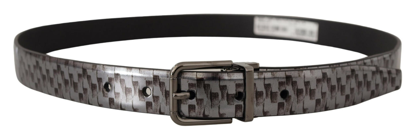 Dolce &amp; Gabbana Gray Herringbone Leather Gray 3D Metal Buckle Belt