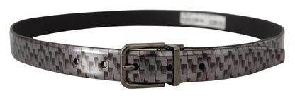 Dolce &amp; Gabbana Gray Herringbone Leather Gray 3D Metal Buckle Belt