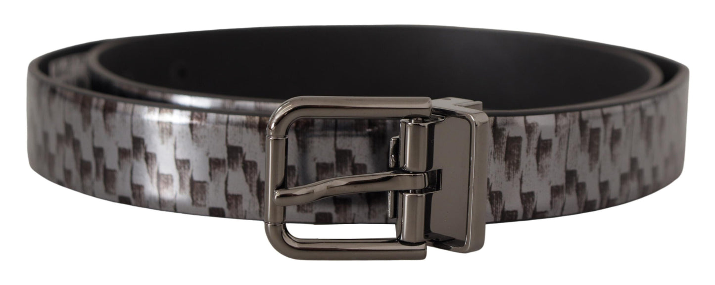 Dolce &amp; Gabbana Gray Herringbone Leather Gray 3D Metal Buckle Belt