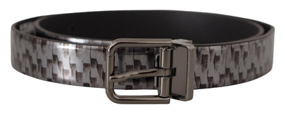 Dolce &amp; Gabbana Gray Herringbone Leather Gray 3D Metal Buckle Belt