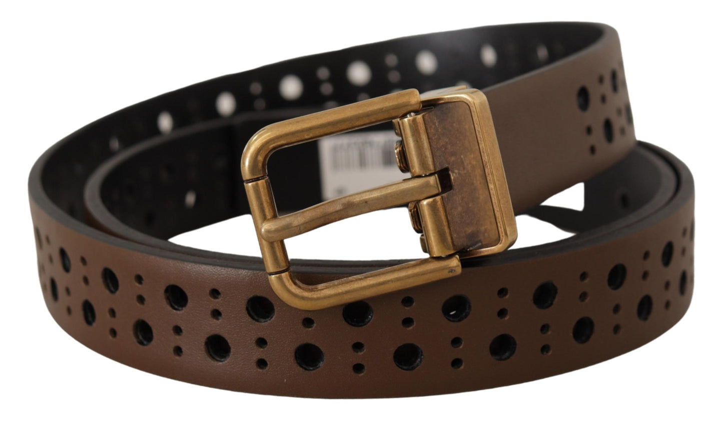 Dolce &amp; Gabbana Brown Leather Perforated Crown Belt