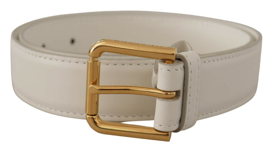 Ceinture en cuir blanc Dolce &amp; Gabbana Chic avec boucle gravée dorée