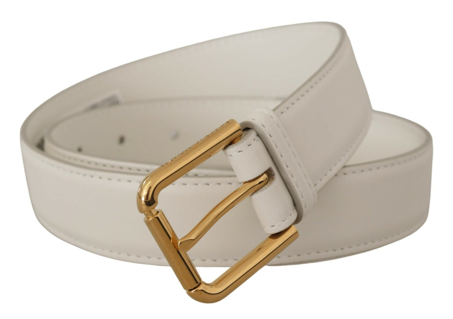 Ceinture en cuir blanc Dolce &amp; Gabbana Chic avec boucle gravée dorée