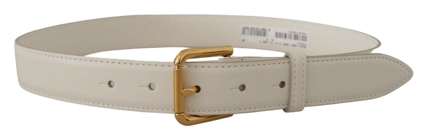 Ceinture en cuir blanc Dolce &amp; Gabbana Chic avec boucle gravée dorée