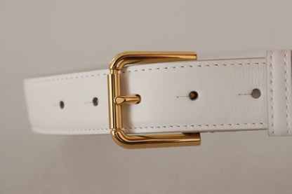 Ceinture en cuir blanc Dolce &amp; Gabbana Chic avec boucle gravée dorée