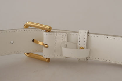 Ceinture en cuir blanc Dolce &amp; Gabbana Chic avec boucle gravée dorée