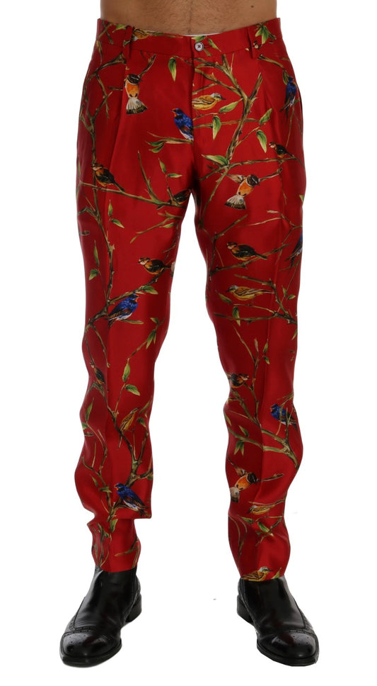 Pantalon habillé élégant en soie Dolce &amp; Gabbana à imprimé oiseaux rouges