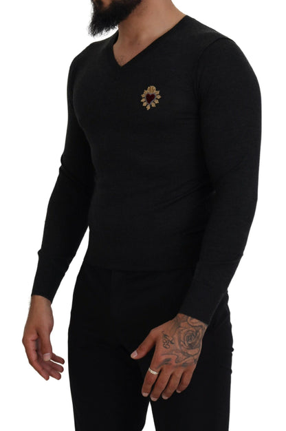 Dolce & Gabbana Gray Cashmere V-neck Gold Heart Sweater by Dolce & Gabbana