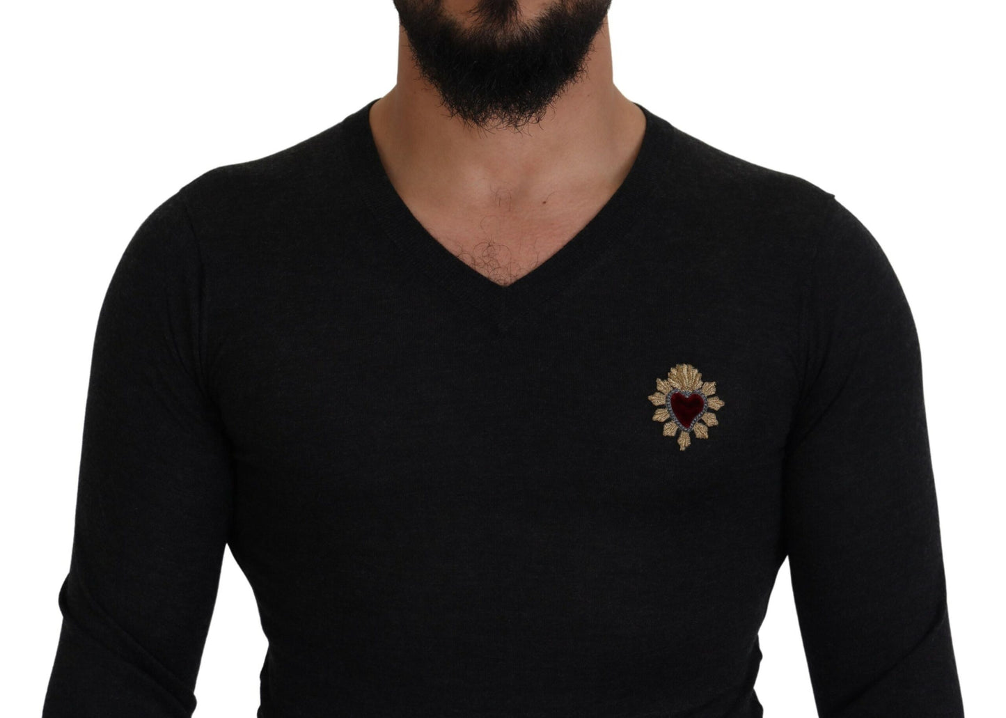 Dolce & Gabbana Gray Cashmere V-neck Gold Heart Sweater by Dolce & Gabbana
