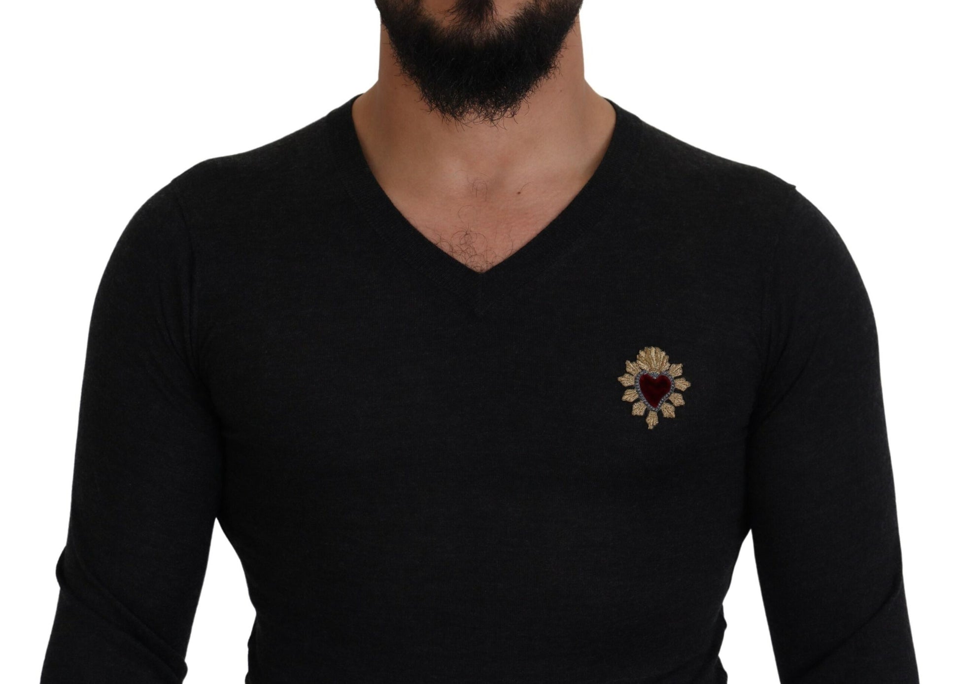 Dolce & Gabbana Gray Cashmere V-neck Gold Heart Sweater by Dolce & Gabbana
