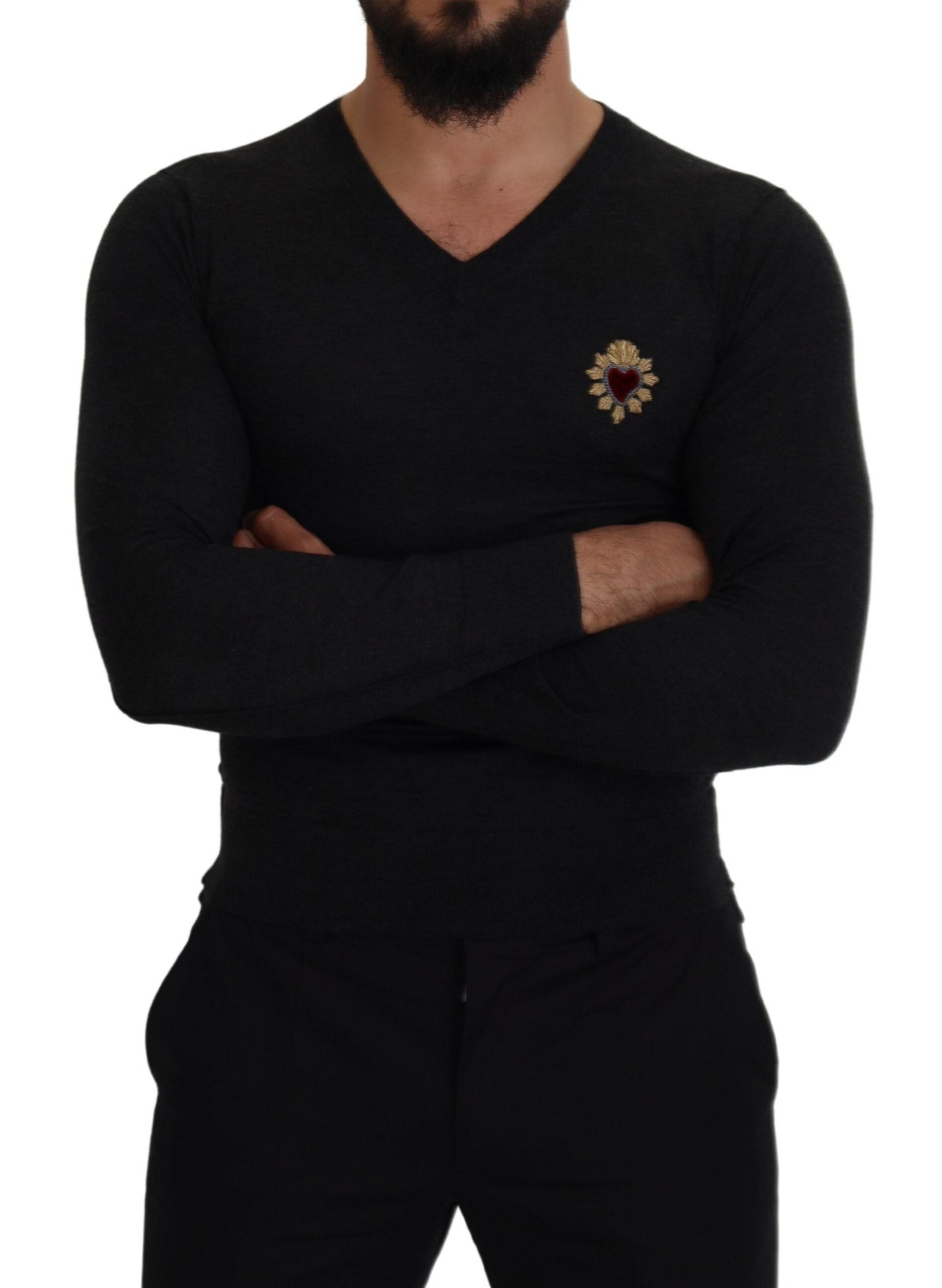 Dolce & Gabbana Gray Cashmere V-neck Gold Heart Sweater by Dolce & Gabbana